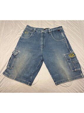 Vintage FUBU the collection Blue Denim Cargo Shorts Mens size 40